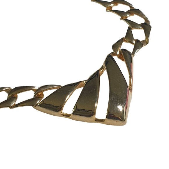 Gold Tone Fashion Necklace Abstract Panel Retro Link Chain Clasp Closure Gift - Picture 2 of 5